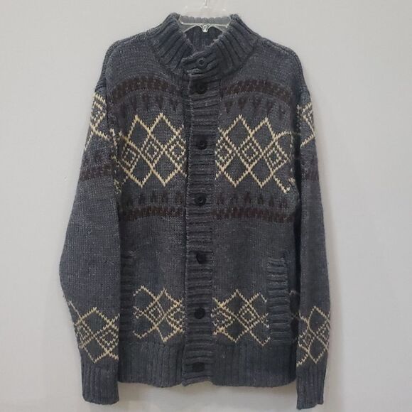 Ruff Hewn Sweater Mens Sz XL Long Wool Blend Gray Cardigan Geometric Pattern - Picture 1 of 6